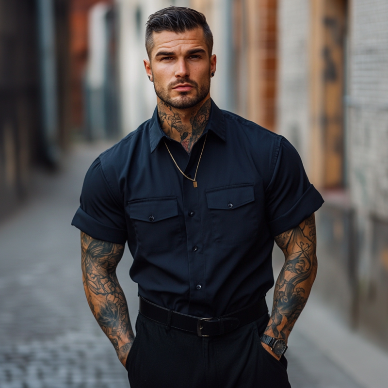 Eddie | Men'S Casual Breathable Cotton Lapel Chest Pocket Loose Short Sleeve Work Shirt