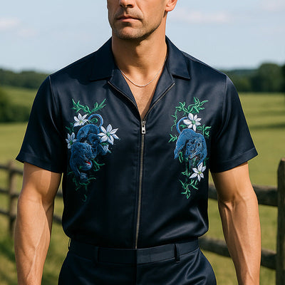 Jorge | Men'S Summer Fashion Satin Embroidery Short Sleeve Zipper Shirt