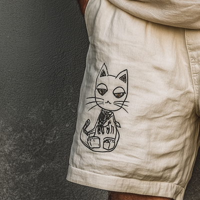 Nicholas | Men'S Summer Fashion Cat Print Linen Blend Casual Shorts