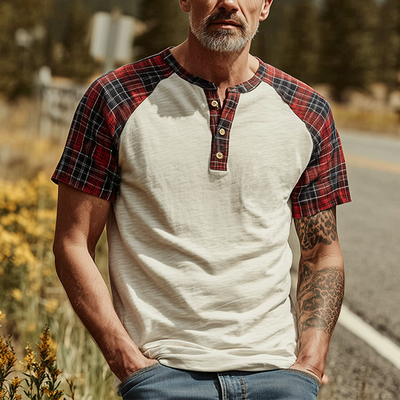 Yves | Men'S Spring And Summer Fashion Casual Bamboo Cotton Splicing Plaid Henry Collar Short Sleeve T-Shirt