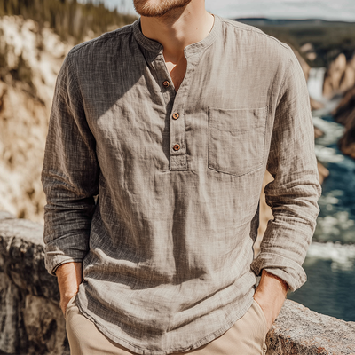 Uriah | Men'S Spring And Summer Classic Casual Henley Collar Cotton And Linen Loose Long Sleeve T-Shirt