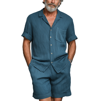 Sylvester | Men'S Summer Fashion Solid Color Wave Texture Polyester Short Sleeve Suit