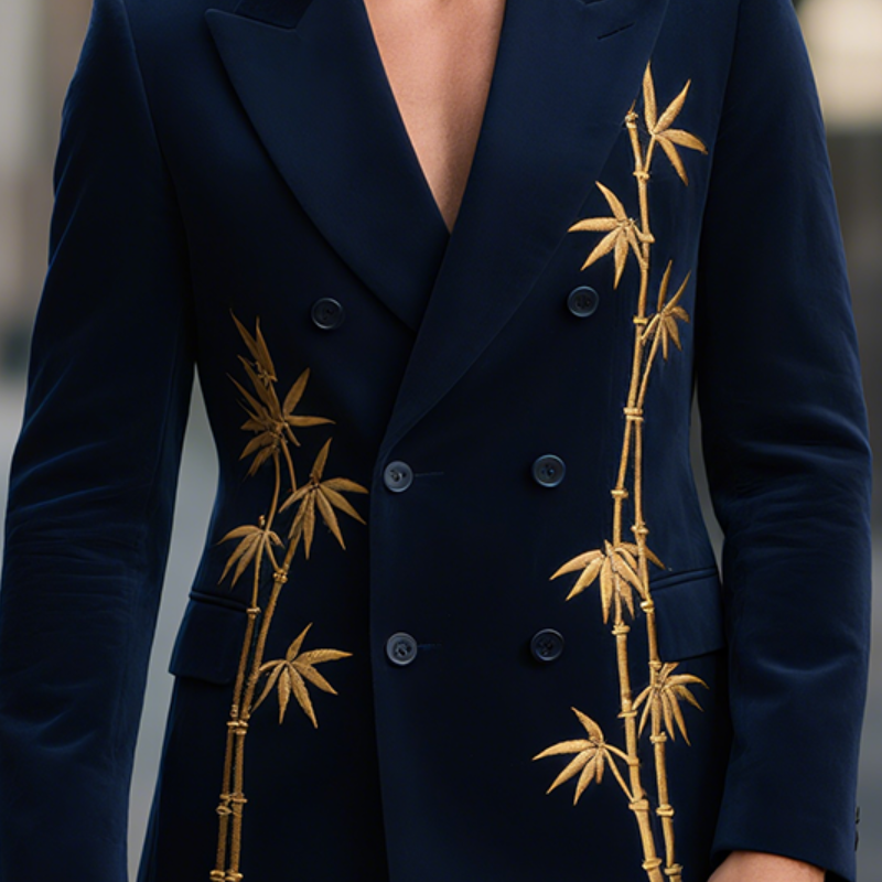 Abram | Men'S Vintage Casual Velvet Bamboo Embroidery Double Breasted Blazer