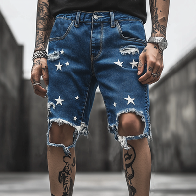 Guillermo | Men'S Summer Fashion Star Printed Ripped Denim Shorts