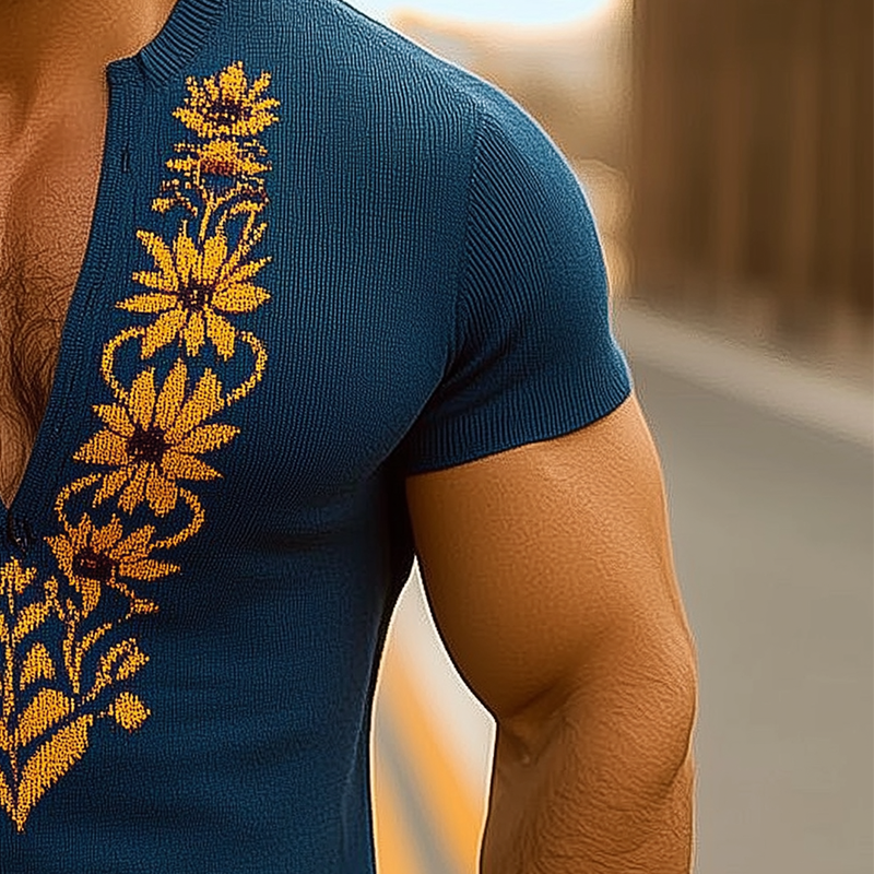 Horacio | Men'S Summer Knitted Jacquard Slim Short Sleeve V Neck T-Shirt