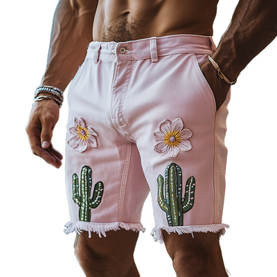 Oliver | Men'S Spring And Summer Fashion Casual Pink Washed Denim Three-Dimensional Flower Cactus Embroidered Shorts