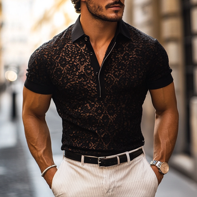 Men's Fashion Lace Lapel Short Sleeve Casal Polo Shirt