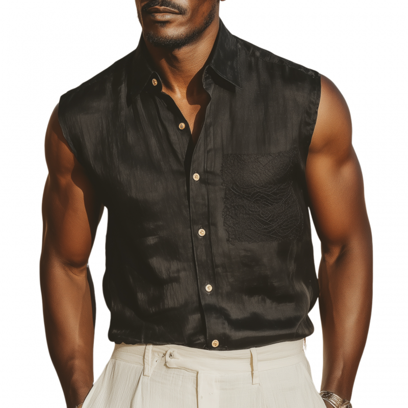 Bob | Men'S Casual Solid Color Tencel Blended Lapel Lace Patch Pocket Slim Fit Sleeveless Shirt