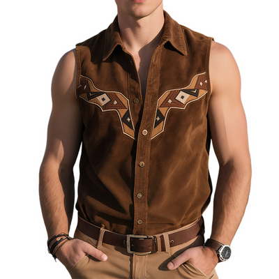 Terence | Men'S Vintage Casual Western Suede Geometric Embroidery Lapel Sleeveless Shirt