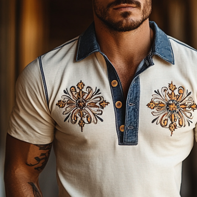 Peter | Men'S Western Style Embroidered Stitching Imitation Denim Slim Fit Short Sleeve Polo Shirt