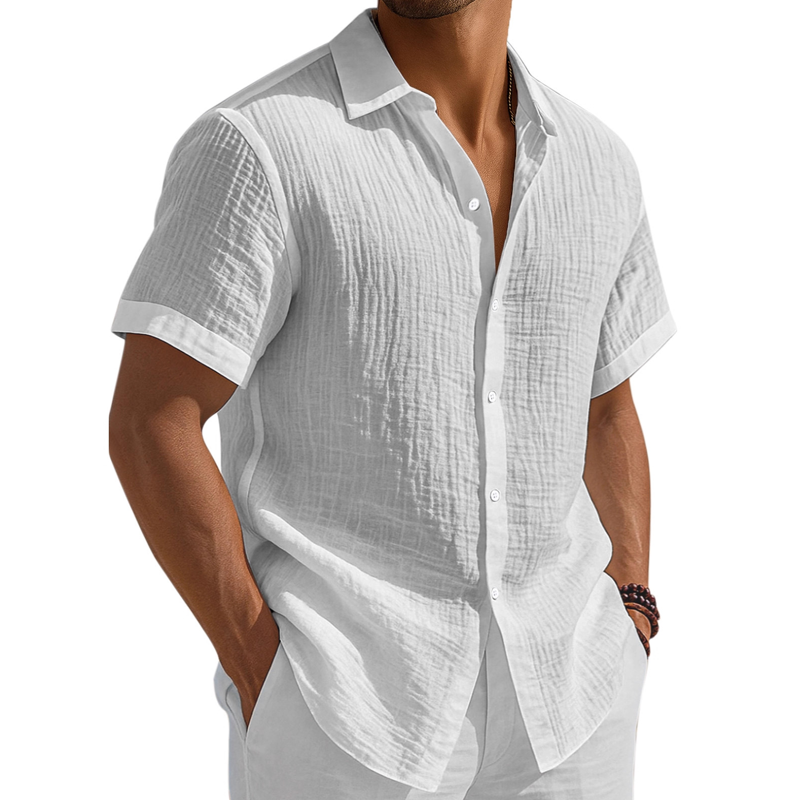 Herbert | Men'S Washed Cotton Solid Color Casual Short Sleeve Shirt