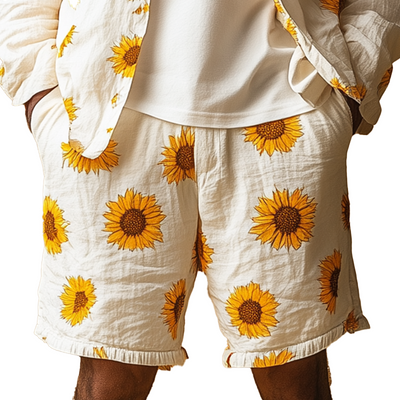 Benito | Men'S Summer Fashion Sunflower Printed Cotton And Linen Casual Shorts