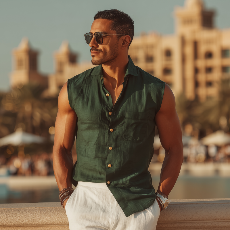 Bill | Men'S Casual Solid Color Cotton Linen Lapel Patch Pocket Slim Fit Sleeveless Shirt