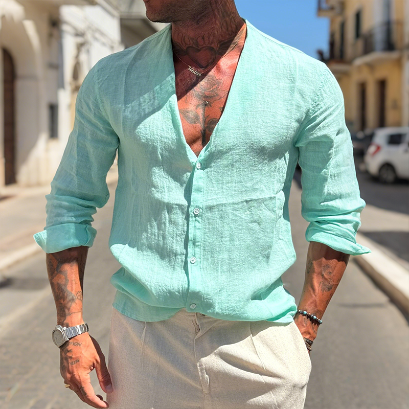 Clayton | Men'S Retro Casual Solid Color Linen Collarless Long Sleeve Shirt