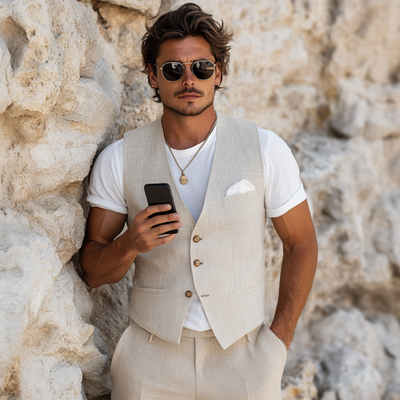 Morton | Men'S Casual Breathable Linen V-Neck Single-Breasted Slim-Fit Suit Vest