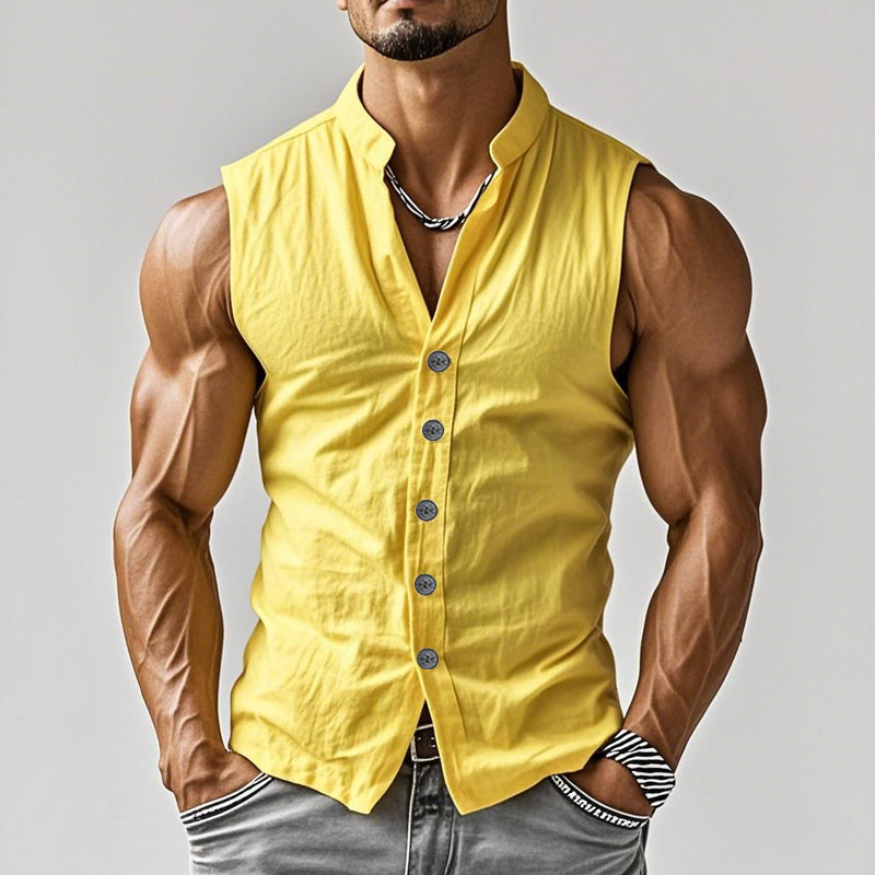 Men's Casal Comfort Cotn Stand Collar Single Breasted Sleeveless Shirt