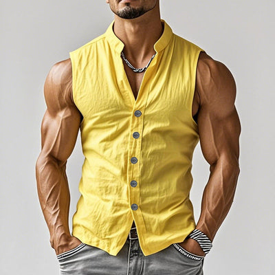 Men's Casal Comfort Cotn Stand Collar Single Breasted Sleeveless Shirt