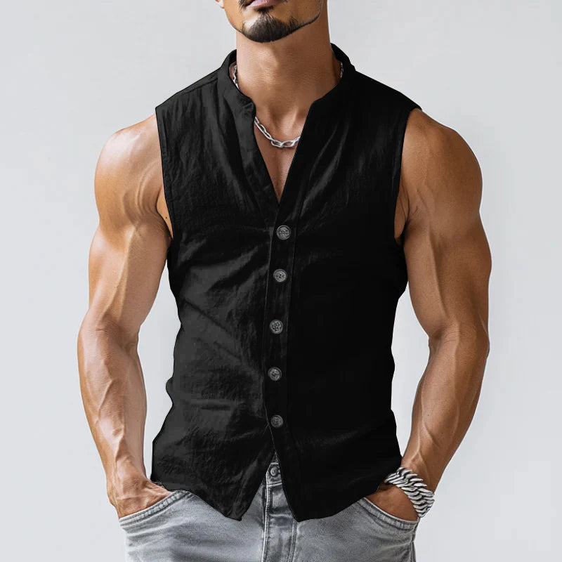 Men's Casal Comfort Cotn Stand Collar Single Breasted Sleeveless Shirt