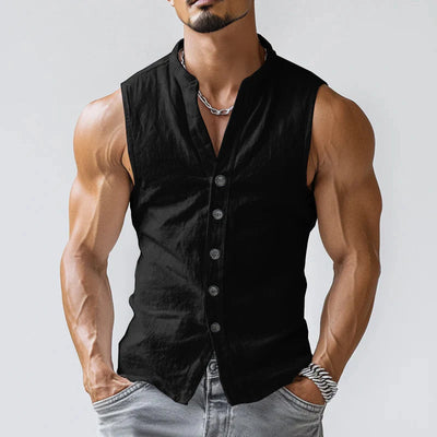 Men's Casal Comfort Cotn Stand Collar Single Breasted Sleeveless Shirt