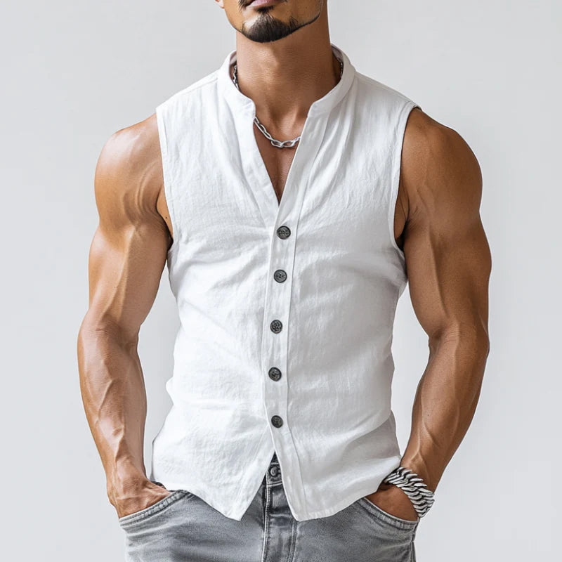 Men's Casal Comfort Cotn Stand Collar Single Breasted Sleeveless Shirt