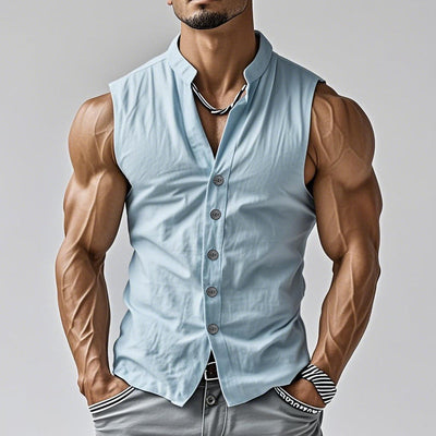 Men's Casal Comfort Cotn Stand Collar Single Breasted Sleeveless Shirt