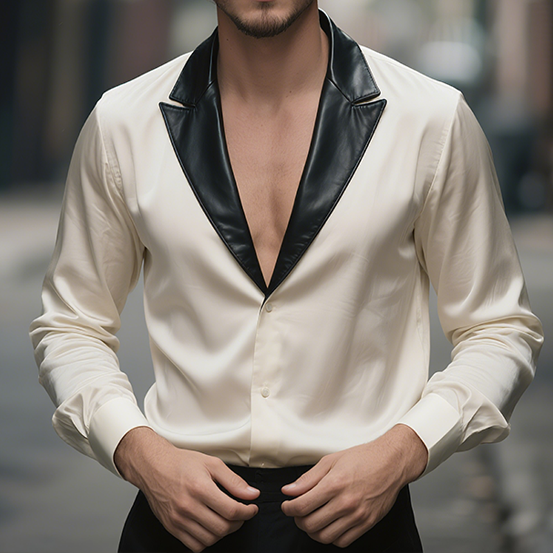 Curtis | Men'S Satin Casual Vintage Stitching Leather Lapel Long Sleeve Shirt