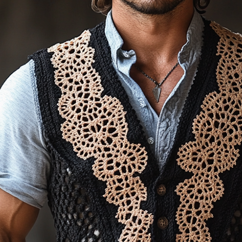 Michael | Men'S Western Crochet Colorblock Single Breasted Vest
