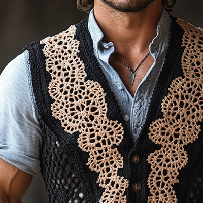 Michael | Men'S Western Crochet Colorblock Single Breasted Vest