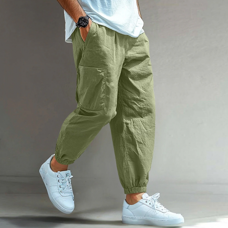 Salvador | Men'S Casual Solid Color Breathable Cotton Linen Blend Elastic Waist Multi-Pocket Cuffed Pants