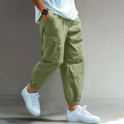 Salvador | Men'S Casual Solid Color Breathable Cotton Linen Blend Elastic Waist Multi-Pocket Cuffed Pants