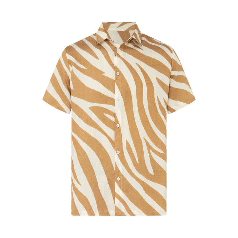 Drew | Men'S Spring And Summer Fashion Casual Zebra Stripe Printed Silk Cotton Short Sleeve Shirt Elastic Waist Shorts Set