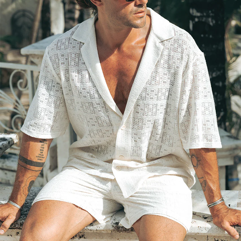 Clark | Men'S Spring And Summer Fashion Casual Lace Sexy Micro-Transparent Short-Sleeved Shirt Shorts Set