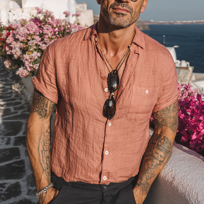 Bryan | Men'S Solid Color Cotton And Linen Blended Lapel Short-Sleeved Shirt