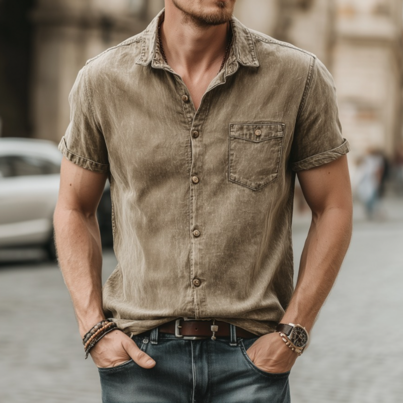 Dan | Men'S Casual Outdoor Denim Washed Distressed Lapel Patch Pocket Slim Fit Short-Sleeved Shirt