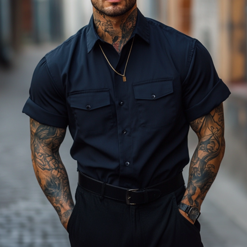 Eddie | Men'S Casual Breathable Cotton Lapel Chest Pocket Loose Short Sleeve Work Shirt