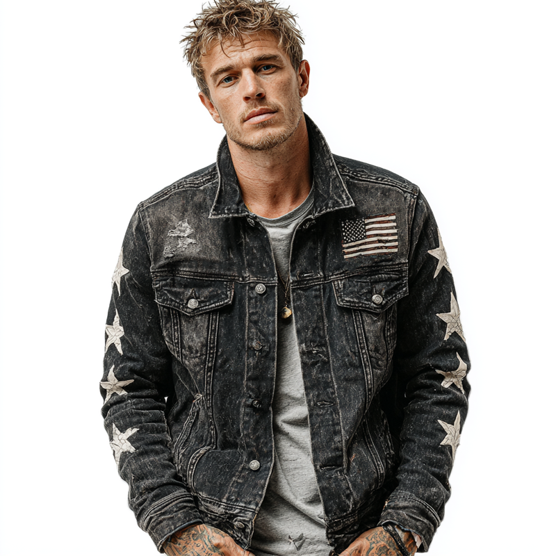 Karl | Men'S Washed Vintage Star Print Denim Jacket