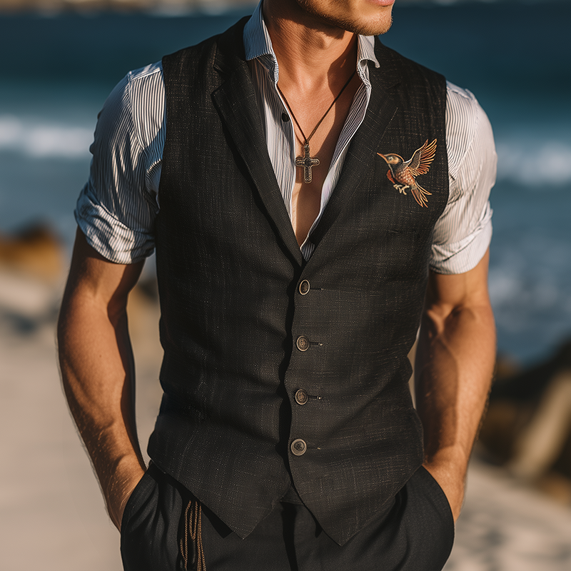 Willie | Men'S Vintage Casual Hummingbird Embroidered Linen Vest