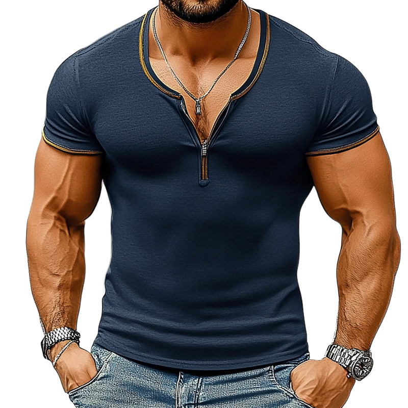 Andrew | Men'S Slim Fit Solid Color Cotton Blended Short Sleeve Zipper T-Shirt