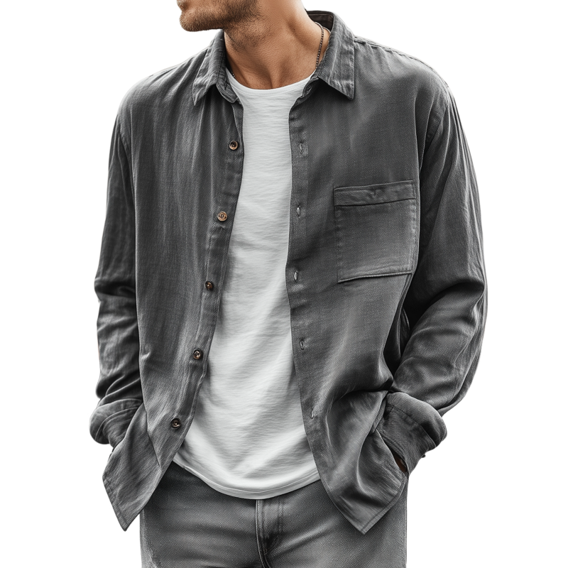 Albert | Men'S Casual Solid Color Breathable Tencel Blended Lapel Patch Pocket Loose Long Sleeve Shirt