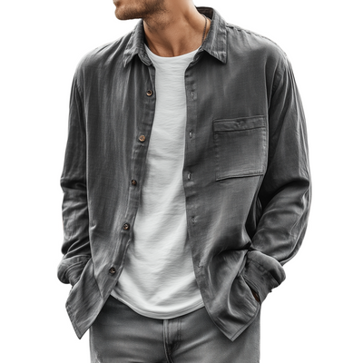 Albert | Men'S Casual Solid Color Breathable Tencel Blended Lapel Patch Pocket Loose Long Sleeve Shirt