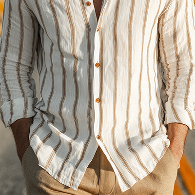 Vaughn | Men'S Spring And Summer Classic Casual Stand-Up Collar Tencel Cotton Blend Vertical Striped Long-Sleeved Shirt