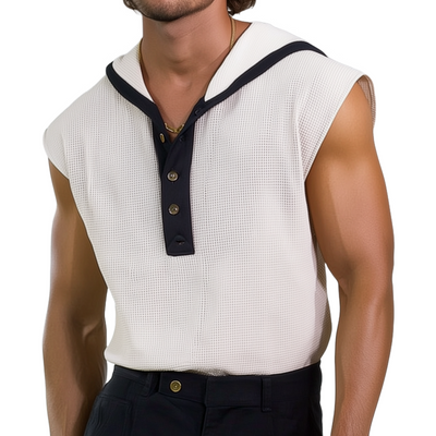 Trent | Men'S Casual Breathable Waffle Colorblock Henley Collar Hooded Loose Tank Top