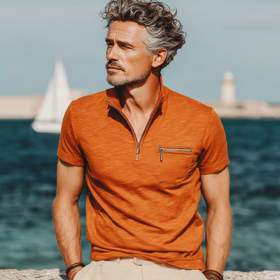 Ben | Men'S Business Cotton Stand Collar Quarter Zip Short Sleeve T-Shirt