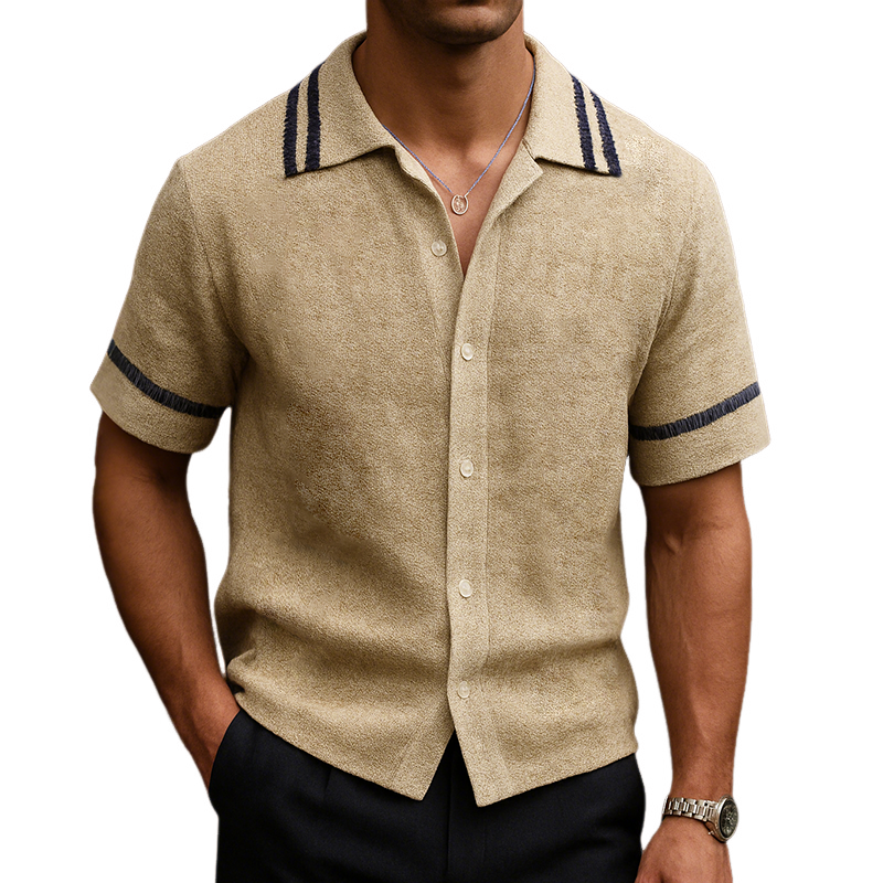 Alfred | Men'S Retro Casual Suede Striped Print Lapel Short Sleeve Shirt