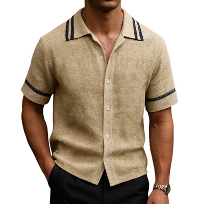 Alfred | Men'S Retro Casual Suede Striped Print Lapel Short Sleeve Shirt