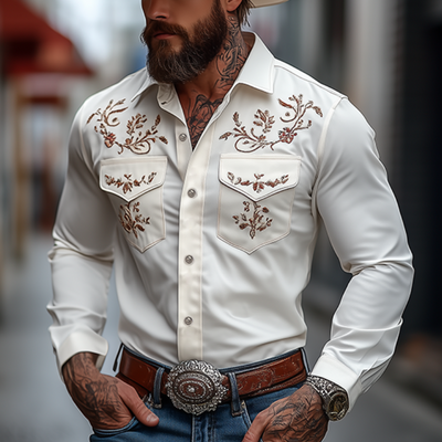 Men's Classic American Western Style Embroidered SliFit Cotn Long Sleeve Shirt