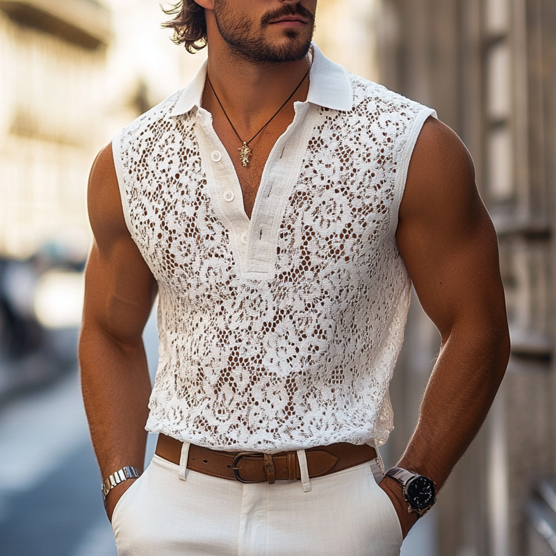 Men's Fashion Lace Lapel Sleeveless Casal Tank p