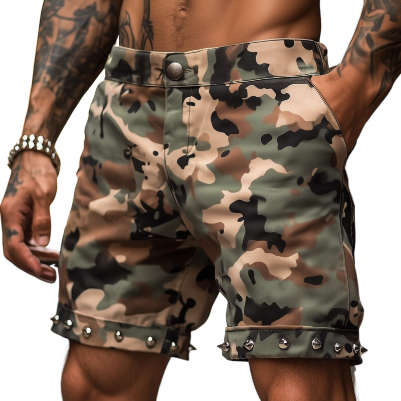 Eugene | Men'S Casual Punk Camouflage Cotton Hem Rivet Decoration Straight Denim Shorts