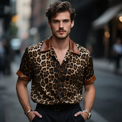 Jack | Men'S Retro Casual Leopard Print Leather Lapel Short Sleeve Shirt