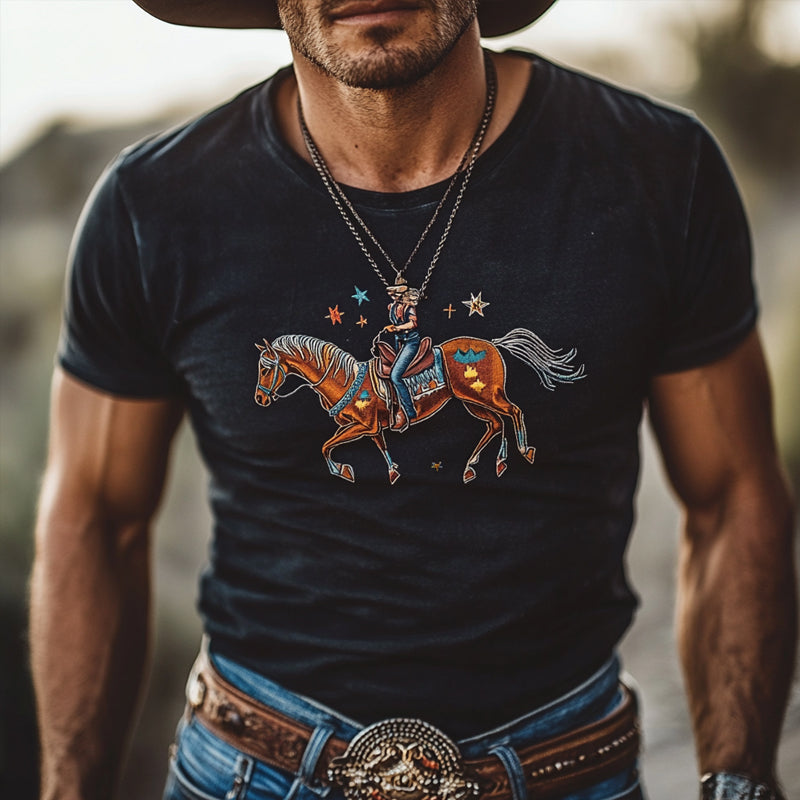 Phillip | Men'S Western Cowboy Style Printed Round Neck Short Sleeve T-Shirt